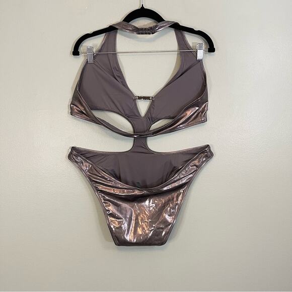Skims Stretch Metallic Swim Halter Monokini One-Piece Swimsuit Carbon 2X NWT - Picture 8 of 16